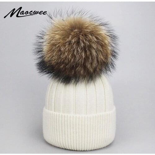 Women Girl Winter Wool Knitted Beanie Cap Child Adult Keep Warm Casual Hats Real Raccoon Fur Pom Pom Baby Skullies Beanies Bones