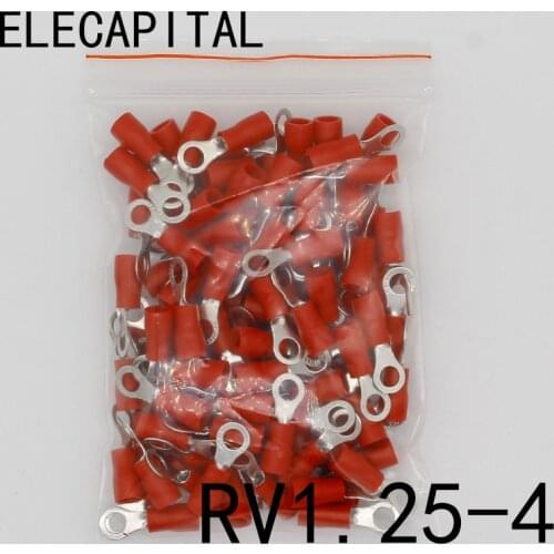RV1.25-4 Red Ring Insulated Wire Connector Electrical Crimp Terminal RV1.25-4 Cable Wire Connector 100PCS RV1-4 RV