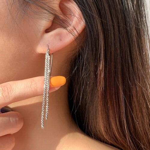 AKAFASHION Korean Fashion Earrings for Women Flash Sparkling Star Earrings Tassel Chains Earings Jewelry Pendientes Mujer 2021