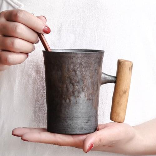 Creative handmade wooden handle mug with spoon ceramic simple Japanese office coffee cup 300ML