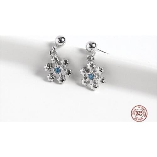 LKO 925 Sterling Silver Snowflake Stud Earring Temperament Blue Crystal Zircon Trend Ornaments For Women Jewelry Birthday Gifts