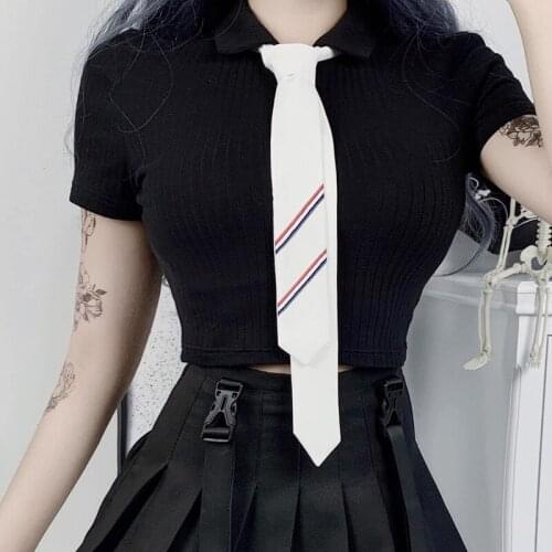 Fashion Women T-Shirt School Girl Style Rib Knit Shirt Sexy Lapel Button Front Short Sleeve Crop Top Neck Tie Steetwear
