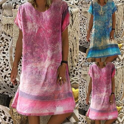 Fashion Hot Women Sexy Plus Size Loose Travel Dress Round Neck Flower Printed Art Print Short Sleeve One-piece Dress for Office