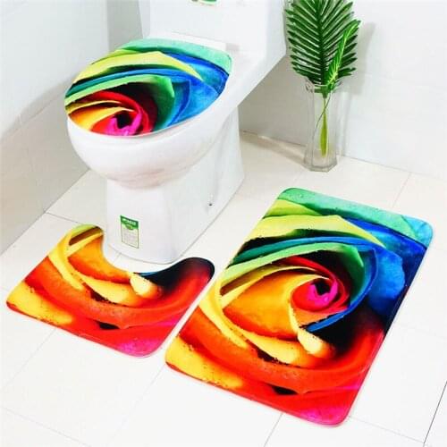 New Style Rose Printing Toilet Pad 3PCS Flannel Bathroom Toilet Floor Mat Set Anti-Skid Toilet Cover and Floor Rugs Set