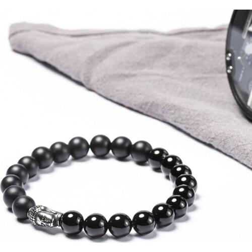 Wholesales 8mm stone beaded bracelets black onyx Buddha head stainless steel bracelet 50pcs/lot+free shipping