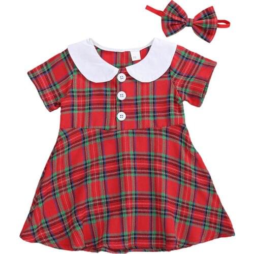 0-24M Christmas Baby Girls Dress Headband 2pcs Plaid Print Peter Pan Collar Front Button A-Line Dress
