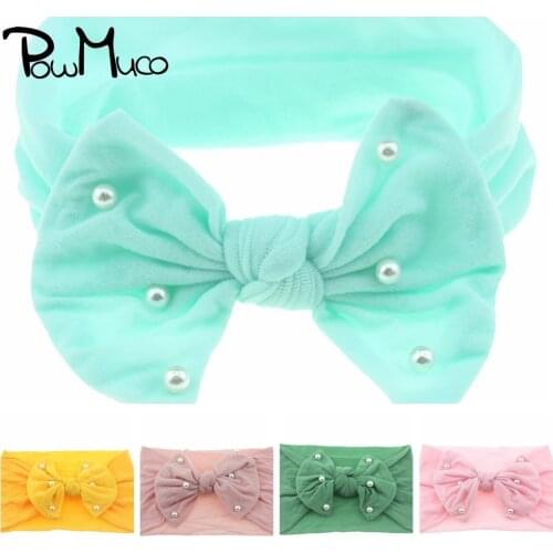 Powmuco Shining Pearls Bowknot Baby Girl Headband Infant Soft Comfortable Elastic Nylon Hairband Princess Headwear Birthday Gift