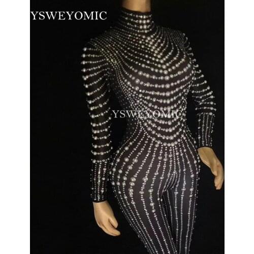 YSWEYOMIC Sexy Sparkly Pearl Crystal Mesh Jumpsuits Sexy Rhinestones Bodysuit Stage Dance Wear Outfit Celebrate Shining Costume