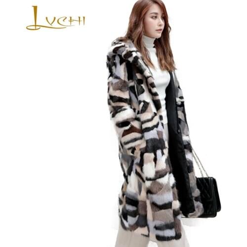 LVCHI Winter 2019 Mink Fur Coats Womens Long Sleeve Coat Long With Fur Hood Camouflage Print Patchwork Fur Long Loss Mink Coats
