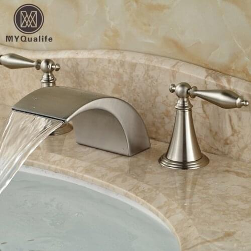 Brushed Nickel Deck Mount Hot Cold Water Basin Faucet Dual Handles Bathroom Waterfall Basin Mixer Tap