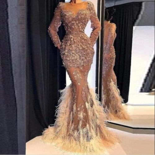 Ostrich Applique Evening Dresses Full Sleeve vestidos formales robe de mariage vestido de festa