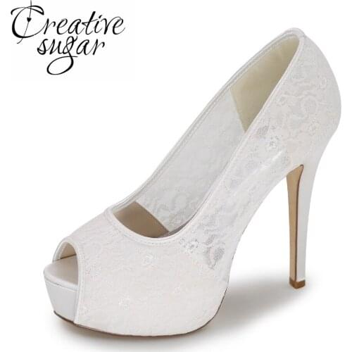 Creativesugar woman platform high heels see through soft lace dress evening shoes wedding cocktail homecoming 5'' heel pumps