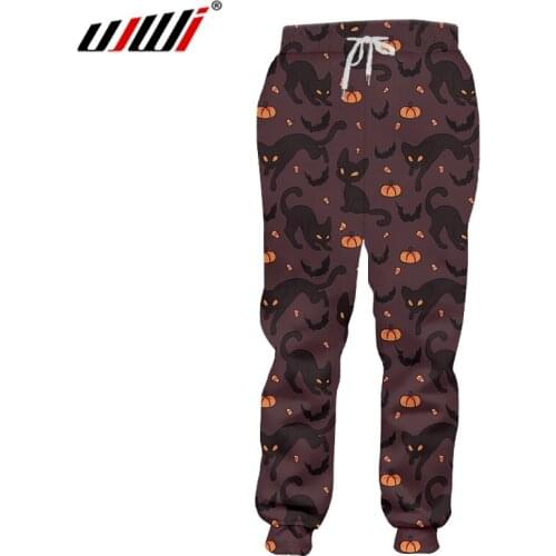 UJWI Man Black Yellow Stitching Trousers 3D Printed Halloween Theme Cat And Pumpkin New Recommend Sweatpants