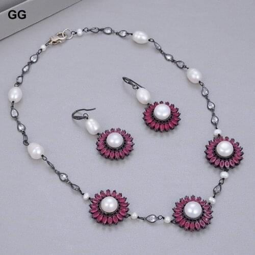 GuaiGuai Jewelry 19" Freshwater White Pearl Chain CZ Pave Flower Gunmetal Necklace Earrings Sets For Women