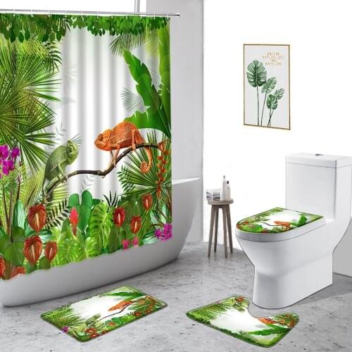 Funny Jungle Animal Shower Curtain Chameleon Frog Boy Bathroom Decoration Set Non-Slip Carpet Toilet Cover Fabric Bath Curtains
