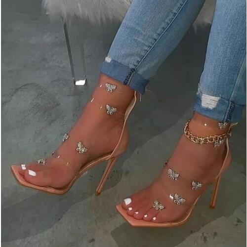 Ladies Square Toe High Heel Sandals Clear Perspex Butterfly Pattern Stiletto Heel Zapatos Mujer