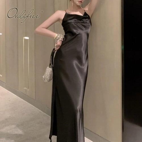 Ordifree 2021 Summer Women Black Long Dress Sexy Backless Slit Maxi Party Silk Satin Slip Dress