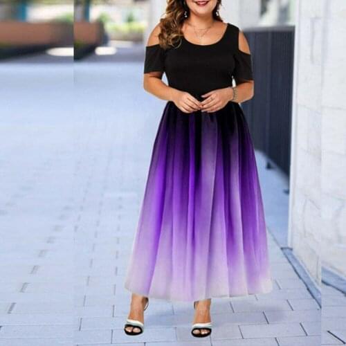 Summer Ankle Length Ladies Dresses Plus Size Hollow Short Sleeve Gradient Vintage Patchwork A Line Dress Free Shipping