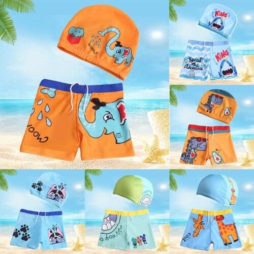 2021 New Kids Swimwear 2-11T Boys Children Cute Cartoon Print Swim Trunks with Hat Swim Short Toddler Boy Swimsuit Beach Shorts