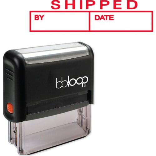 BBloop "SHIPPED" W/Box For By And Date Self-Inking Rubber Stamp, Rectangular, Laser Engraved, RED