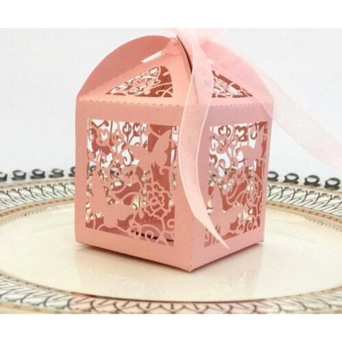 10pcs Laser Cut Hollow Butterfly Carriage Favor Gifts Candy Boxes With Ribbon Custom Baby Shower Wedding Party Favor Decorations