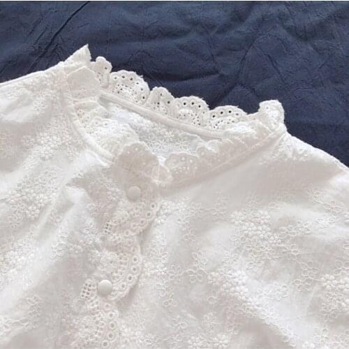 Lace 100% Cotton Women White Shirts Spring New Loose Embroidery Solid Casual All Match Female Outwear Tops