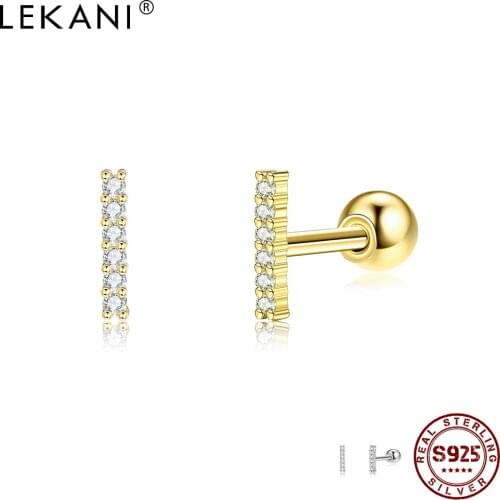 LEKANI Grometry Rectangle Stud Earrings For Women 925 Sterling Silver Luxury Zircon Golden Small Earings Anti Allergy Jewelry