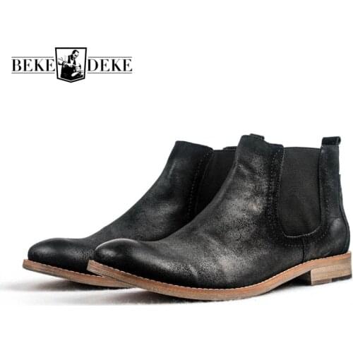 Top Quality Brand European Winter Mens Cow Genuine Leather Round Toe Slip On New Fashion Low Heel Chelsea Boots Male Ankle Shoes