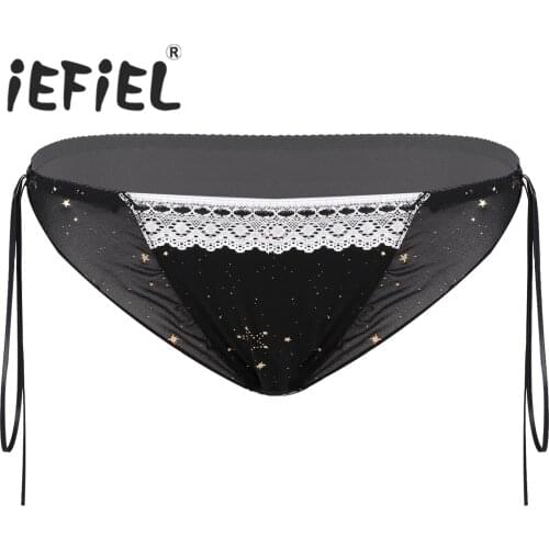 Male Mens Sissy Crossdress Briefs Cosplay Glittering Stars Print Ruffle Lace Briefs Panties Underwear Underpants for Clubwear