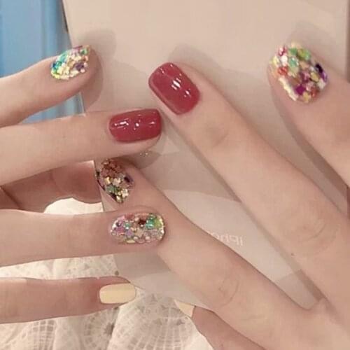 Short Square False Nails 24 PCS Stick on Jelly Fake Nail Piece Full Cover Glossy Manicure for Nail Salon Art DIY SANA889