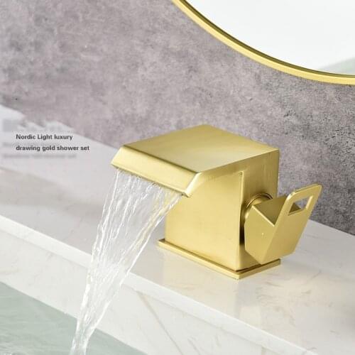 Latest brass waterfall bathroom sink faucet Brushed gold /Black characterized basin mixer faucet single hole single handle