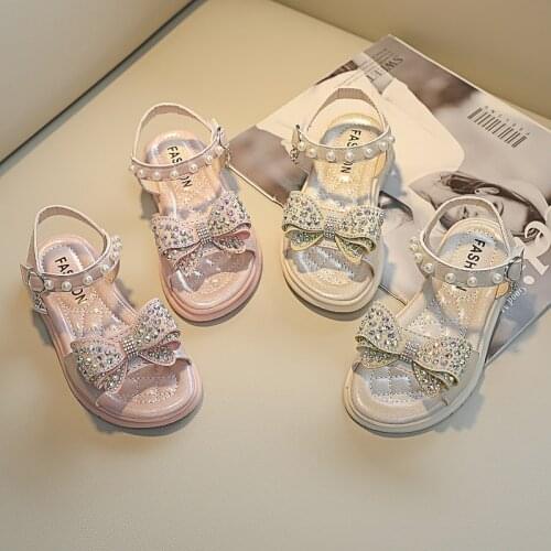 2021 Summer New Childrens Rhinestone Open-toe Sandals Korean Girls Pearl Princess Shoes Beach Shoes Bow-knot Cute Flats Fashion