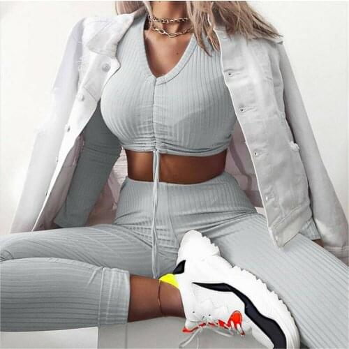 New Autumn Women Clothes Set Knit Crop Top Lounge Wear +Long Pants Ladies Workout 2pcs Tracksuit Set Casual Fitness
