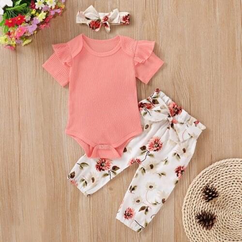 Newborn Baby Girl Clothes Infant Baby Girl Sets Solid Romper+Flower Print Pants+Hairband Baby Girl Set 23