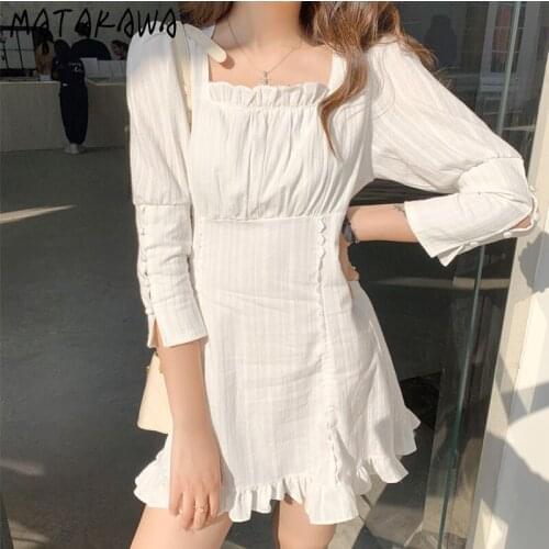 Matakawa Autumn Woman Dress Vintage Square Collar Long Sleeve Pleated Ruffles Dresses for Women High Wiast Slim Mini Vestidos