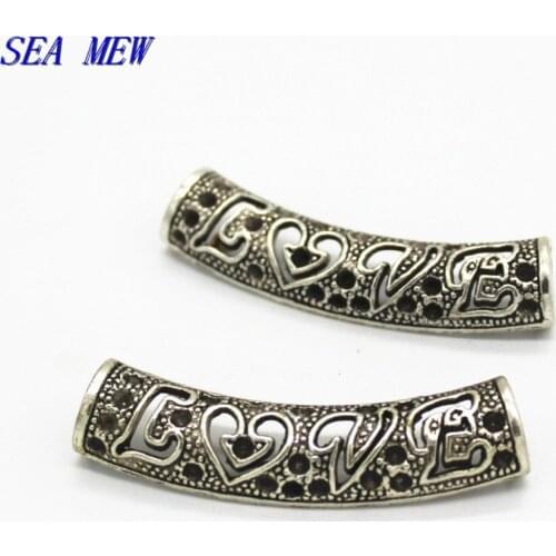 SEA MEW 10 PCS 50mm*12mm Metal Alloy Hollow LOVE Pattern Curved Tube Spacer Beads Connectors Charm For Jewelry Making