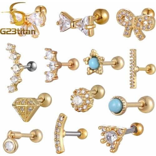 Gold Color Crystal Ear Tragus Earring 16G 6mm Surgical Steel Labret Studs Pinna Lobe Tragus Helix Ear Piercing Body Jewelry