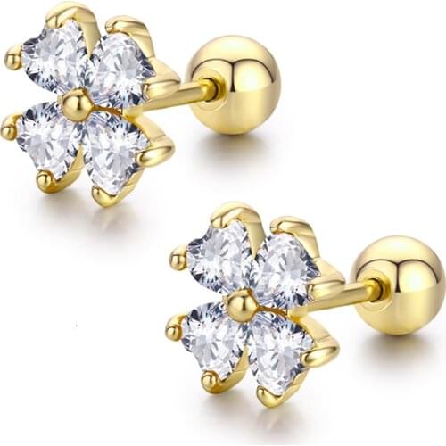 Cute Heart Cut CZ Stones Clover Flower Screw Back Stud Earrings For Women Baby Kids Girls Gold Color Piercing Jewelry Oorbellen