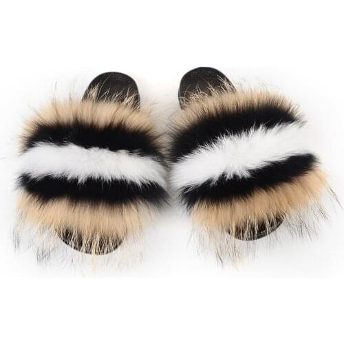 Mixed Colors Fox Fur Slides Shoes for Women Striped Furry Fox Hair Slippers Outdoor Raccoon Fur Flip Flops Female Non-slip Flats