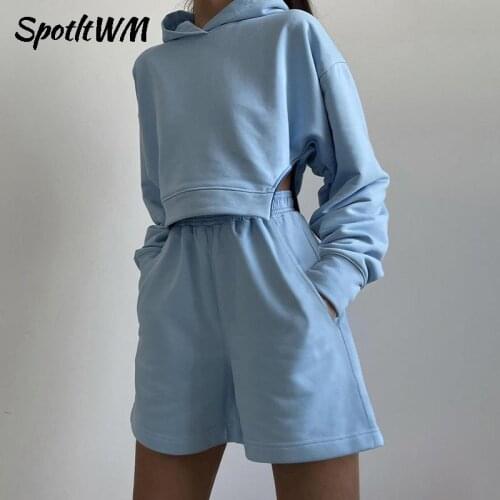 SpotltWM Hoodies Sport Set Tracksuit With Shorts Women Long Sleeve Loose T Shirt Top And Shorts Female Lounge Wear Two Piece Set