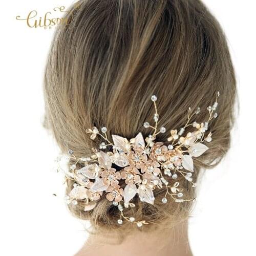 Ceremony Gold Bridal Hair Comb Flower and Leaf Hair Pin Rhinestone Headpiece For Wedding Dress Accessories