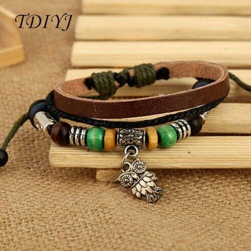 TDIYJ New Fashion Owl Pendant Punk Style Genuine Leather Bead Bracelet Expandable Lace up Bracelets for Women Girl Gift 5Pcs/lot