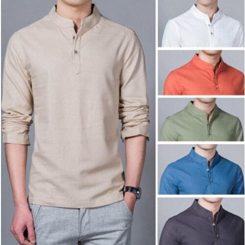 Spring and summer plus size cotton and linen shirt mens simple long-sleeved bottoming top