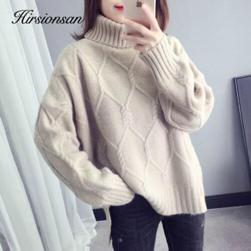 Hirsionsan Turtleneck Women Solid Sweater Thicken Oversized Pullover Warm O Neck Knitted Tops Pull Soft Beige Female Jumper