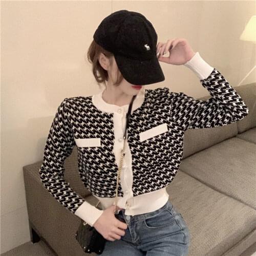 Woman Sweaters Cardigan Autumn Winter Houndstooth Coat Womens Long-Sleeved Sweater Slim-Fit Top Sueters De Mujer