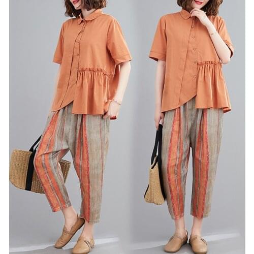 Striped Cotton And Linen 2-piece Fashion Irregular Ruffled Shirt + Nine-point Harem Pants Two-piece Womens Summer Loose Set