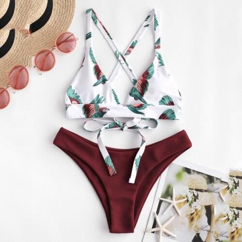 Swimwear Women Bikini 2021 Floral Print Bandage Cross Two Piece Print Bikini Push-Up Padded Bra Beach Bikini Set Swimsuit