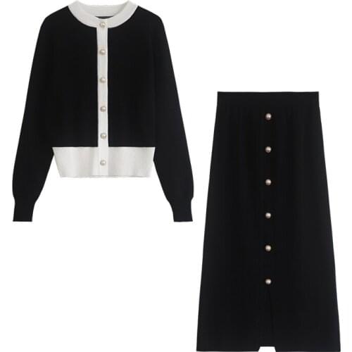 PERHAPS U Women Knitted Pink Black White Crew Neck Long Sleeve Cardingan Knee Length Pencil Skirt Two Piece Set Elegant T0356