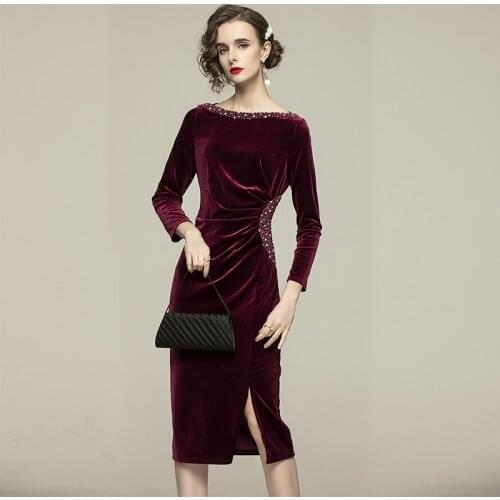 ZUOMAN Women Luxury Beading Velvet Dress Festa High Quality Elegant Party Robe Femme Autumn & Winter Designer Pencil Vestidos