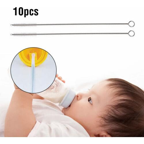 10pcs Baby Milk Feeding Bottle Drink Water Cup Straw Washing Brush Cleaner Stainless Steel Handle Spiral Soft Hair Cleaning Tool